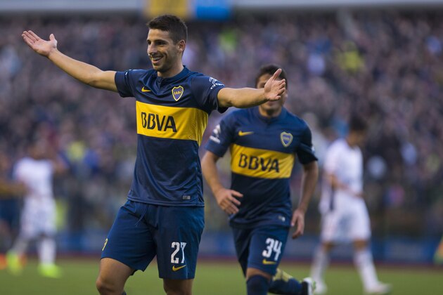 Jonathan Calleri of Boca Juniors celebrates his goal against Quilmes during an Argentine league soccer match in Buenos Aires, Argentina, Saturday, July 18, 2015. (AP Photo/Ivan Fernandez)