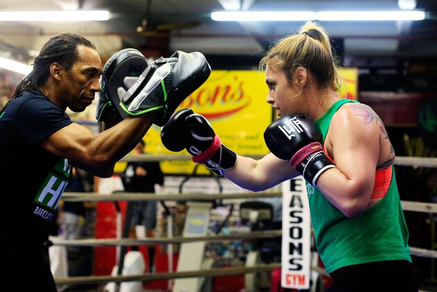 NEW YORK, NY - NOVEMBER 17:  Undefeated Brooklyn-native Heather 'The Heat' Hardy works out at Gleason's Gym on November 17, 2015 in the Brooklyn borough of New York City. Hardy is scheduled to fight on December 5th ath the Barclays Center.  (Photo by Cliff Hawkins/Getty Images)