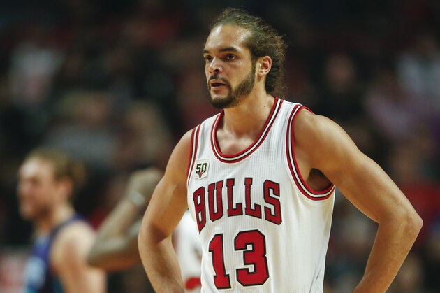 Chicago Bulls center Joakim Noah looks on against the Charlotte Hornets during the first half of an NBA basketball game, Friday, Nov. 13, 2015, in Chicago. (AP Photo/Kamil Krzaczynski)