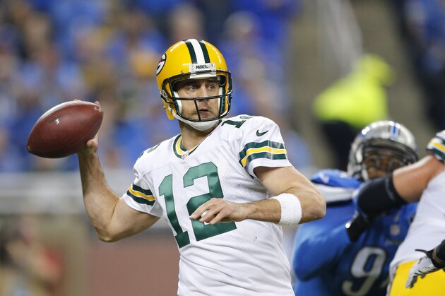 Green Bay Packers quarterback Aaron Rodgers (12) throws during the second half of an NFL football game against the Detroit Lions, Thursday, Dec. 3, 2015, in Detroit. (AP Photo/Rick Osentoski)