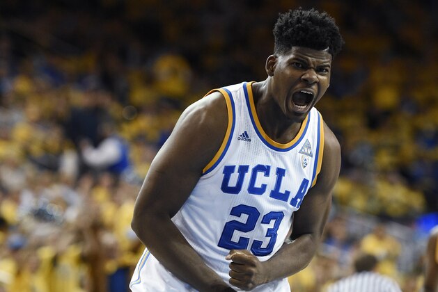 UCLA forward Tony Parker reacts after making a shot during the first half of an NCAA college basketball game against Kentucky in Los Angeles, Thursday, Dec. 3, 2015. (AP Photo/Kelvin Kuo)