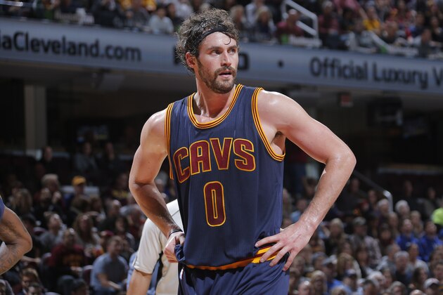 CLEVELAND, OH - NOVEMBER 21: Kevin Love #0 of the Cleveland Cavaliers looks on during the game against the Atlanta Hawks on November 21, 2015 at Quicken Loans Arena in Cleveland, Ohio. NOTE TO USER: User expressly acknowledges and agrees that, by downloading and or using this Photograph, user is consenting to the terms and condition of the Getty Images License Agreement. (Photo by Rocky Widner/Getty Images)