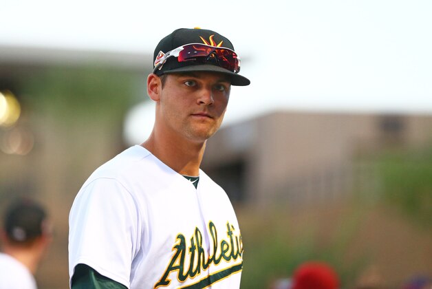 Nov 7, 2015; Phoenix, AZ, USA; Oakland Athletics infielder Chad Pinder during the Arizona Fall League Fall Stars game at Salt River Fields. Mandatory Credit: Mark J. Rebilas-USA TODAY Sports