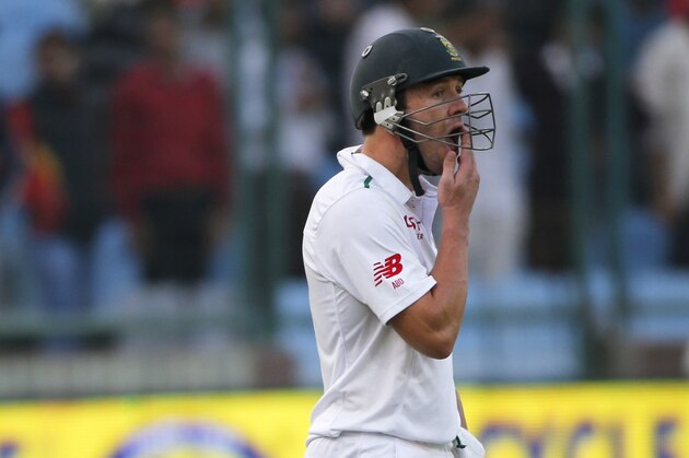 South African batsman AB de Villiers waits to find out if a legal delivery got him out against India, on the second day of the fourth test match between the two countries, in New Delhi, India, Friday, Dec. 4, 2015. (AP Photo /Tsering Topgyal)