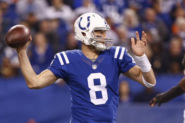 INDIANAPOLIS, IN - NOVEMBER 29 : Matt Hasselbeck #8 of the Indianapolis Colts drops back to pass the ball against the Tampa Bay Buccaneers at Lucas Oil Stadium on November 29, 2015 in Indianapolis, Indiana. Indianapolis defeated Tampa Bay 25-12. (Photo by Michael Hickey/Getty Images)