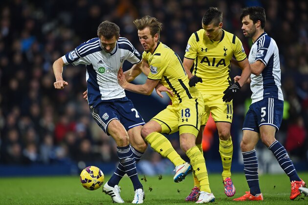 WEST BROMWICH, ENGLAND - JANUARY 31:  Craig Dawson of West Brom and Harry Kane of Spurs compete for the ball during the Barclays Premier League match between West Bromwich Albion and Tottenham Hotspur at The Hawthorns on January 31, 2015 in West Bromwich, England.  (Photo by Laurence Griffiths/Getty Images)