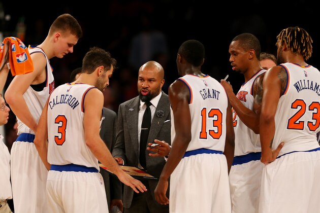 NEW YORK, NY - DECEMBER 02: Head coach Derek Fisher of the New York Knicks talks with his team during a time out in the fourth quarter against the Philadelphia 76ers at Madison Square Garden on December 2, 2015 in New York City.The New York Knicks defeated the Philadelphia 76ers 99-87.NOTE TO USER: User expressly acknowledges and agrees that, by downloading and/or using this Photograph, user is consenting to the terms and conditions of the Getty Images License Agreement. (Photo by Elsa/Getty Images) NEW YORK, NY - DECEMBER 02: Head coach Derek Fisher of the New York Knicks talks with his team during a time out in the fourth quarter against the Philadelphia 76ers at Madison Square Garden on December 2, 2015 in New York City.The New York Knicks defeated the Philadelphia 76ers 99-87.NOTE TO USER: User expressly acknowledges and agrees that, by downloading and/or using this Photograph, user is consenting to the terms and conditions of the Getty Images License Agreement. (Photo by Elsa/Getty Images)