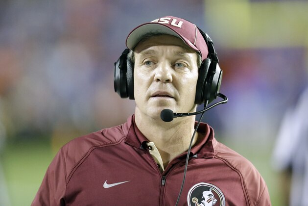 Florida State head coach Jimbo Fisher walks the sidelines during the first half of an NCAA college football game against Florida, Saturday, Nov. 28, 2015, in Gainesville, Fla. (AP Photo/John Raoux)