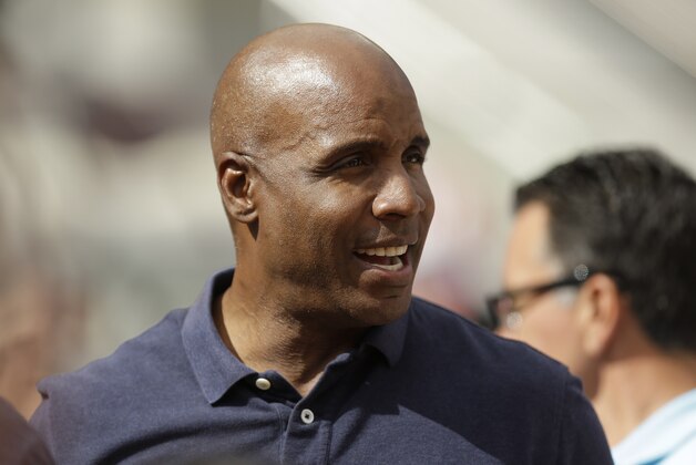 Former major league baseball player Barry Bonds stands on the field at Levi's Stadium before an NFL football game between the San Francisco 49ers and the Baltimore Ravens in Santa Clara, Calif., Sunday, Oct. 18, 2015. (AP Photo/Ben Margot)