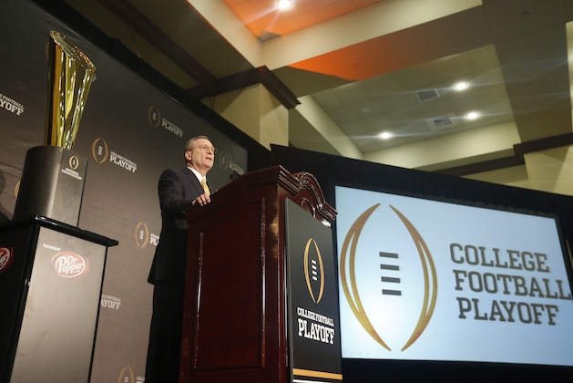 Dec 7, 2014; Grapevine, TX, USA; College football playoff selection committee chairman Jeff Long speaks to the media at the Gaylord Texan Hotel. Mandatory Credit: Kevin Jairaj-USA TODAY Sports
