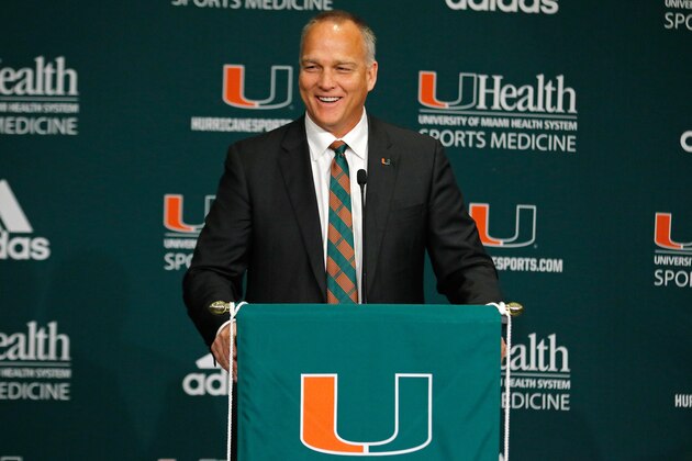 CORAL GABLES, FL - DECEMBER 04:  New University of Miami Hurricanes head football coach Mark Richt speaks after he was introduced at a press conference at the school on December 4, 2015 in Coral Gables, Florida.  (Photo by Joe Skipper/Getty Images)