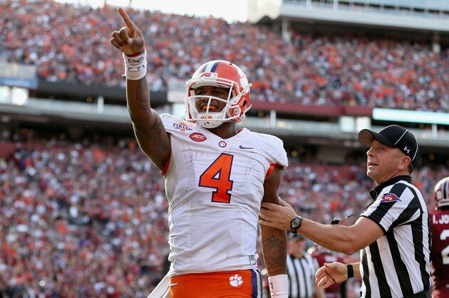 COLUMBIA, SC - NOVEMBER 28: Deshaun Watson #4 of the Clemson Tigers after scoring a touchdown during their game against the South Carolina Gamecocks at Williams-Brice Stadium on November 28, 2015 in Columbia, South Carolina. (Photo by Streeter Lecka/Getty Images) COLUMBIA, SC - NOVEMBER 28: Deshaun Watson #4 of the Clemson Tigers after scoring a touchdown during their game against the South Carolina Gamecocks at Williams-Brice Stadium on November 28, 2015 in Columbia, South Carolina. (Photo by Streeter Lecka/Getty Images)