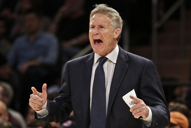 Philadelphia 76ers' Brett Brown reacts to a call during the first half of an NBA basketball game against the New York Knicks Wednesday, Dec. 2, 2015, in New York. (AP Photo/Frank Franklin II)