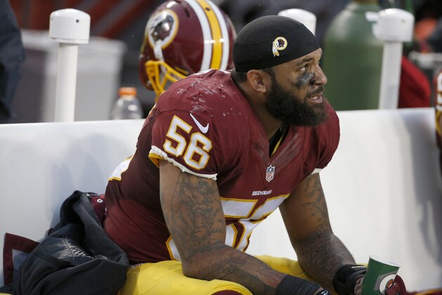 Washington Redskins inside linebacker Perry Riley (56) sits on the bench during the second half of an NFL football game against the Dallas Cowboys in Landover, Md., Sunday, Dec. 28, 2014. The Cowboys won 44-17. (AP Photo/Alex Brandon)