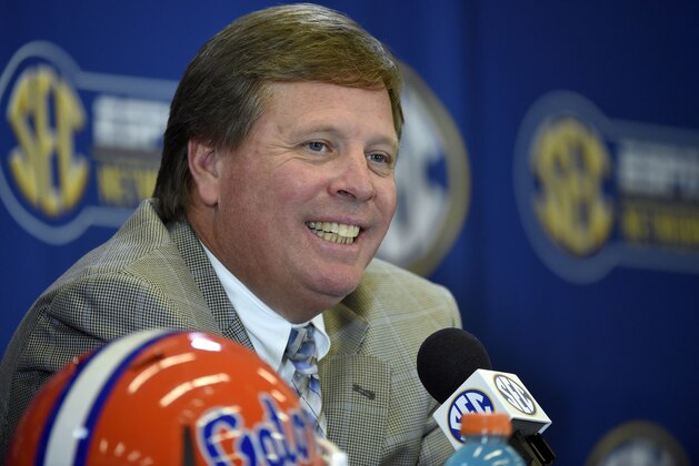 Dec 4, 2015; Atlanta, GA, USA; Florida Gators head coach Jim McElwain speaks to the media during the SEC coaches press conference at the Georgia Dome. Mandatory Credit: John David Mercer-USA TODAY Sports