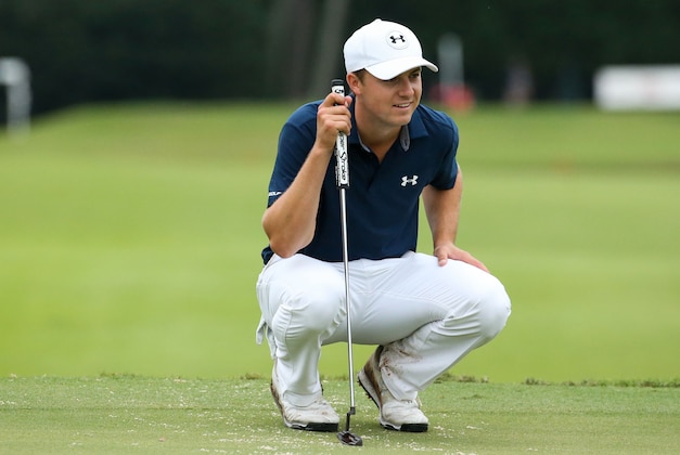 Sep 27, 2015; Atlanta, GA, USA; Jordan Spieth lines up a putt on the seventeenth green during the final round of the Tour Championship by Coca-Cola at East Lake Golf Club. Mandatory Credit: Jason Getz-USA TODAY Sports