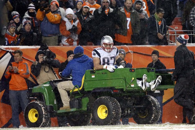 Fans cheer on New England Patriots tight end Rob Gronkowski (87) as he is carted off the field after being injured against the Denver Broncos, Sunday, Nov. 29, 2015, in Denver. The Broncos defeated the Patriots 30-24. (AP Photo/Joe Mahoney)