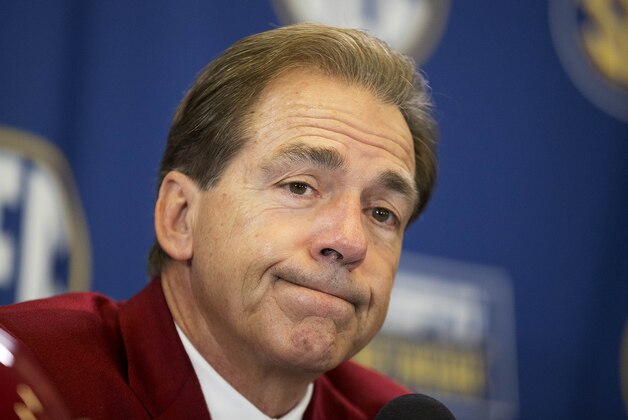 Alabama head coach Nick Saban speaks during a press conference held ahead of Saturday's Southeastern Conference championship NCAA college football game against Florida, Friday, Dec. 4, 2015, in Atlanta. (AP Photo/David Goldman)