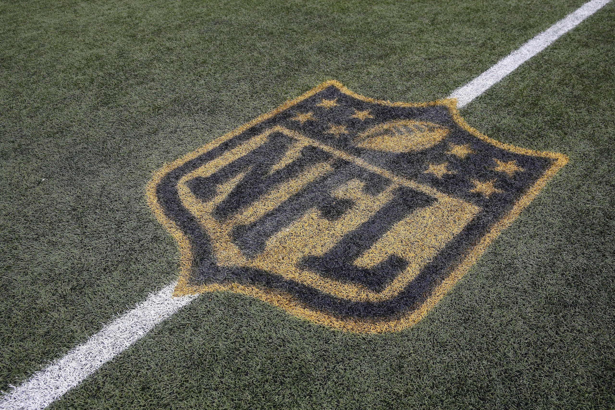 An NFL logo on the field at Gillette Stadium after an NCAA college football game between Massachusetts and Akron in Foxborough, Mass., Saturday, Nov. 7, 2015. Akron won 17-13. (AP Photo/Michael Dwyer)