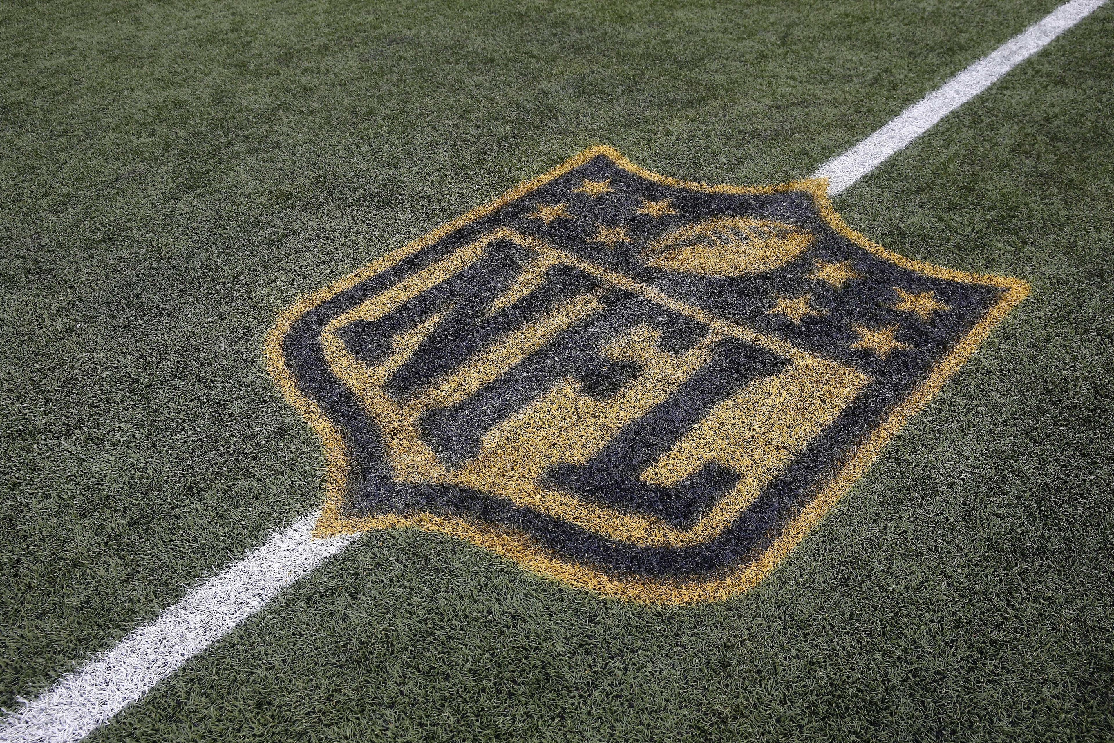 An NFL logo on the field at Gillette Stadium after an NCAA college football game between Massachusetts and Akron in Foxborough, Mass., Saturday, Nov. 7, 2015. Akron won 17-13. (AP Photo/Michael Dwyer)