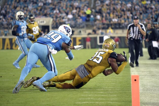 Jacksonville Jaguars wide receiver Allen Robinson (15) catches a pass in front of Tennessee Titans cornerback Perrish Cox (29) during the second half of an NFL football game in Jacksonville, Fla., Thursday, Nov. 19, 2015. The Jaguars won 19-13. (AP Photo/Phelan M. Ebenhack)