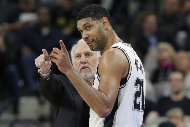San Antonio Spurs head coach Gregg Popovich, left, talks with forward Tim Duncan (21) during the second half of an NBA basketball game against the Milwaukee Bucks, Wednesday, Dec. 2, 2015, in San Antonio. San Antonio won 95-70. (AP Photo/Eric Gay)