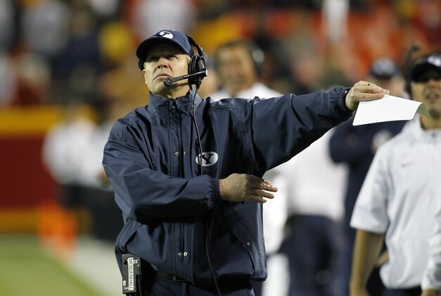 BYU head coach Bronco Mendenhall reacts to a replay in the second half of a college football game against Missouri at Arrowhead Stadium, Saturday, Nov. 14, 2015, in Kansas City, Mo. Missouri beat BYU 20-16. (AP Photo/Colin E. Braley)