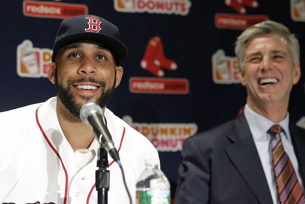Boston Red Sox pitcher David Price smiles with President of Baseball Operations Dave Dombrowski during a press conference announcing his signing at Fenway Park in Boston Friday, Dec. 4, 2015. (AP Photo/Winslow Townson)