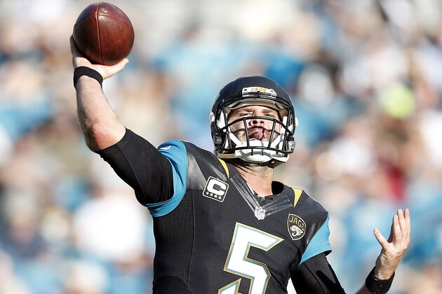 Nov 29, 2015; Jacksonville, FL, USA; Jacksonville Jaguars quarterback Blake Bortles (5) throws a pass against the San Diego Chargers in the fourth quarter at EverBank Field. The Chargers won 31-25. Mandatory Credit: Jim Steve-USA TODAY Sports