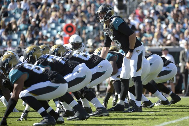 Jacksonville Jaguars quarterback Blake Bortles (5) scans the defense at the line of scrimmage during the first half of an NFL football game against the San Diego Chargers in Jacksonville, Fla., Sunday, Nov. 29, 2015. (AP Photo/Phelan M. Ebenhack)