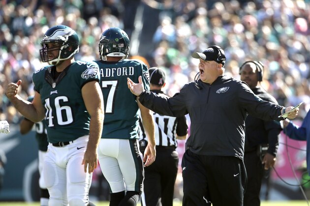 Philadelphia Eagles head coach Chip Kelly reacts to a call during the first half of an NFL football game against the New Orleans Saints, Sunday, Oct. 11, 2015, in Philadelphia. (AP Photo/Michael Perez)