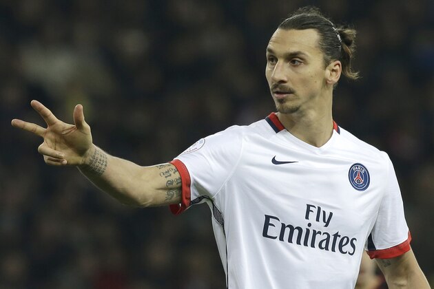 PSG's Zlatan Ibrahimovic gestures,  during the French League One soccer match between Nice and Paris Saint Germain, Friday, Dec. 4, 2015,  in Nice stadium, southeastern France. (AP Photo/Lionel Cironneau)