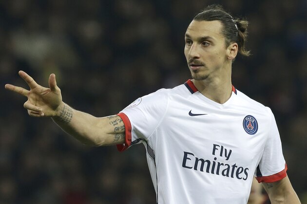 PSG's Zlatan Ibrahimovic gestures,  during the French League One soccer match between Nice and Paris Saint Germain, Friday, Dec. 4, 2015,  in Nice stadium, southeastern France. (AP Photo/Lionel Cironneau)