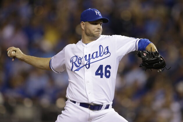 Kansas City Royals relief pitcher Ryan Madson during a baseball game against the Minnesota Twins at Kauffman Stadium in Kansas City, Mo., Wednesday, Sept. 9, 2015. (AP Photo/Orlin Wagner)