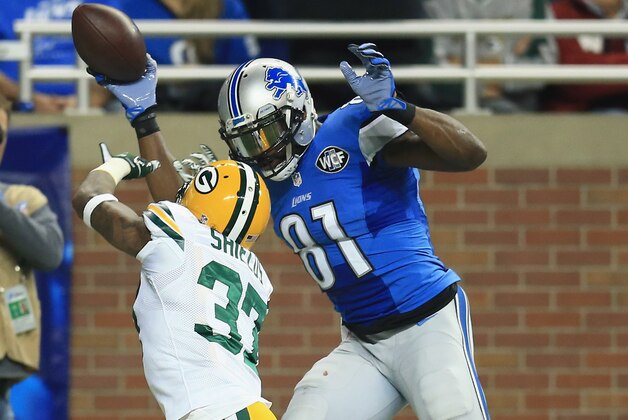 DETROIT, MI - DECEMBER 3:  Calvin Johnson #81 of the Detroit Lions catches a first-quarter touchdown in front of Sam Shields #37 of the Green Bay Packers at Ford Field on December 3, 2015 in Detroit, Michigan.  (Photo by Andrew Weber/Getty Images)