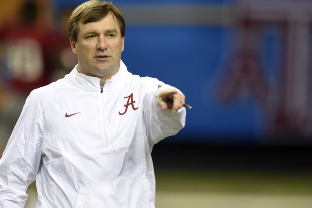 Dec 4, 2015; Atlanta , GA, USA; Alabama Crimson Tide defensive coordinator Kirby Smart works with his players during a walk through practice at Georgia Dome. The Alabama Crimson Tide will take on the Florida Gators in the SEC Championship Saturday. Mandatory Credit: John David Mercer-USA TODAY Sports