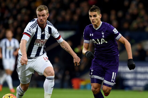 WEST BROMWICH, ENGLAND - DECEMBER 05:  Chris Brunt of West Brom is challenged by Eric Lamels of Tottenham during the Barclays Premier League match between West Bromwich Albion and Tottenham Hotspur at the Hawthorns on December 5, 2015 in West Bromwich, England.  (Photo by Ross Kinnaird/Getty Images)