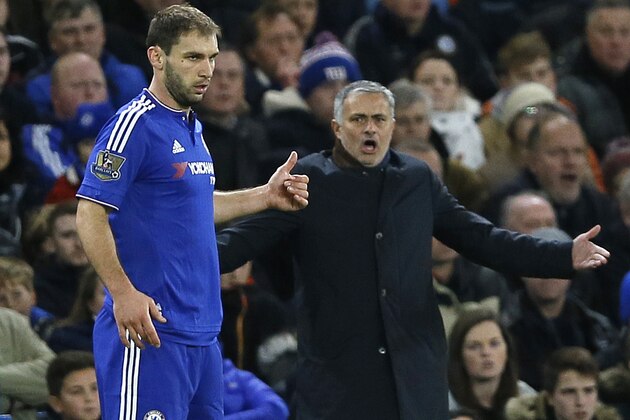 Chelsea's manager Jose Mourinho shouts  towards captain Branislav Ivanovic during the English Premier League soccer match between Chelsea and AFC Bournemouth at Stamford Bridge stadium in London, Saturday, Dec. 5, 2015. (AP Photo/Kirsty Wigglesworth)