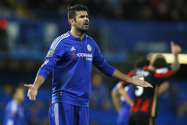 Chelsea's Diego Costa holds out his hands during the English Premier League soccer match between Chelsea and AFC Bournemouth at Stamford Bridge stadium in London, Saturday, Dec. 5, 2015. (AP Photo/Kirsty Wigglesworth)