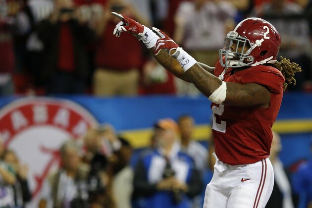 ATLANTA, GA - DECEMBER 5: Running back Derrick Henry #2 of the Alabama Crimson Tide celebrates after scoring a second quarter touchdown against the Florida Gators during the SEC Championship at the Georgia Dome on December 5, 2015 in Atlanta, Georgia. (Photo by Kevin C. Cox/Getty Images)