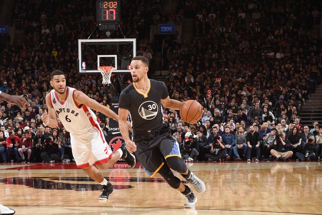 TORONTO, CANADA - DECEMBER 5:  Stephen Curry #30 of the Golden State Warriors handles the ball against Cory Joseph #6 of the Toronto Raptors on December 5, 2015 at the Air Canada Centre in Toronto, Ontario, Canada.  NOTE TO USER: User expressly acknowledges and agrees that, by downloading and or using this Photograph, user is consenting to the terms and conditions of the Getty Images License Agreement.  Mandatory Copyright Notice: Copyright 2015 NBAE (Photo by Ron Turenne/NBAE via Getty Images)