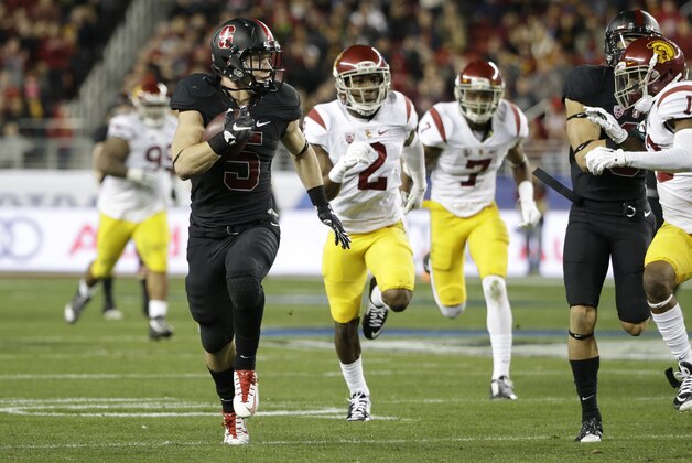 Stanford running back Christian McCaffrey (5) runs against Southern California during the first half of a Pac-12 Conference championship NCAA college football game Saturday, Dec. 5, 2015, in Santa Clara, Calif. (AP Photo/Marcio Jose Sanchez)