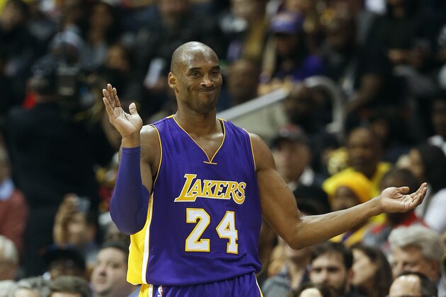 Los Angeles Lakers forward Kobe Bryant (24) reacts after missing a basket in the first half of an NBA basketball game against the Atlanta Hawks, Friday, Dec. 4, 2015, in Atlanta. Bryant has announced that he plans to retire at the end of the season. (AP Photo/John Bazemore)