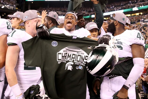 INDIANAPOLIS, IN - DECEMBER 05:  Edward Barksdale III #87 of the Michigan State Spartans celebreates after beating the Iowa Hawkeyes in the Big Ten Championship at Lucas Oil Stadium on December 5, 2015 in Indianapolis, Indiana.  (Photo by Andy Lyons/Getty Images)