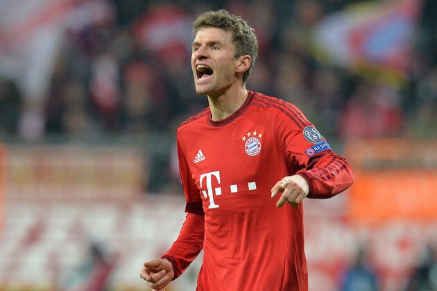 Bayern's Thomas Mueller during the Champions League group F soccer match between FC Bayern Munich and Olympiakos in Munich, Germany, Tuesday, Nov. 24, 2015. (AP Photo/Kerstin Joensson)