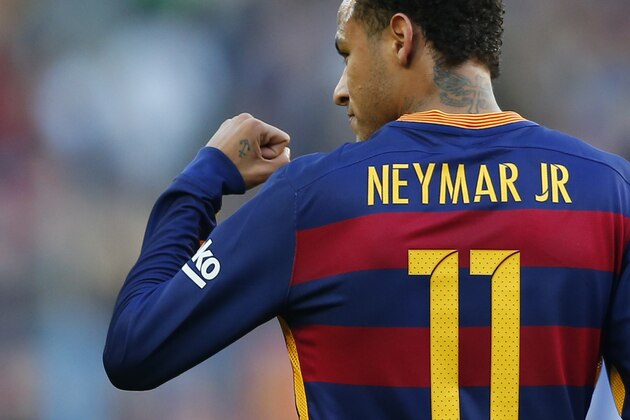 FC Barcelona's Neymar reacts after scoring against Real Sociedad during a Spanish La Liga soccer match at the Camp Nou stadium in Barcelona, Spain, Saturday, Nov. 28, 2015. (AP Photo/Manu Fernandez)