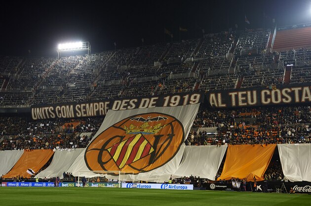 VALENCIA, SPAIN - DECEMBER 05:  A Tifo banner hangs in the stands prior to the La Liga match between Valencia CF and FC Barcelona at Estadi de Mestalla on December 05, 2015 in Valencia, Spain.  (Photo by Manuel Queimadelos Alonso/Getty Images)