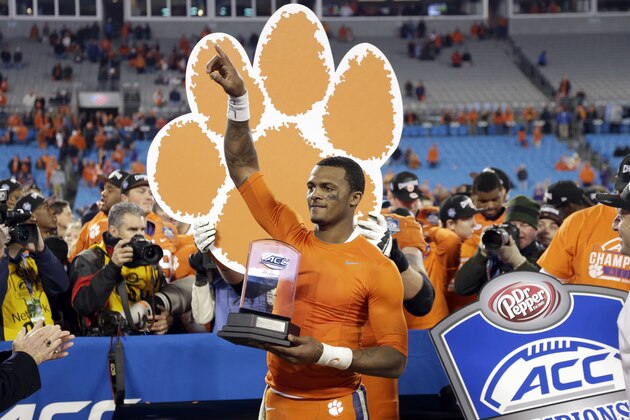 Clemson quarterback Deshaun Watson holds the most valuable player trophy after Clemson defeated North Carolina 45-37 in the Atlantic Coast Conference championship NCAA college football game in Charlotte, N.C., Sunday, Dec. 6, 2015. (AP Photo/Bob Leverone) Clemson quarterback Deshaun Watson holds the most valuable player trophy after Clemson defeated North Carolina 45-37 in the Atlantic Coast Conference championship NCAA college football game in Charlotte, N.C., Sunday, Dec. 6, 2015. (AP Photo/Bob Leverone)