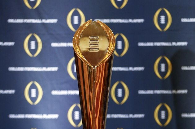 Dec 6, 2015; Grapevine, TX, USA; The college football playoff national championship trophy on display on Selection Day at the Gaylord Texan Hotel. Mandatory Credit: Kevin Jairaj-USA TODAY Sports