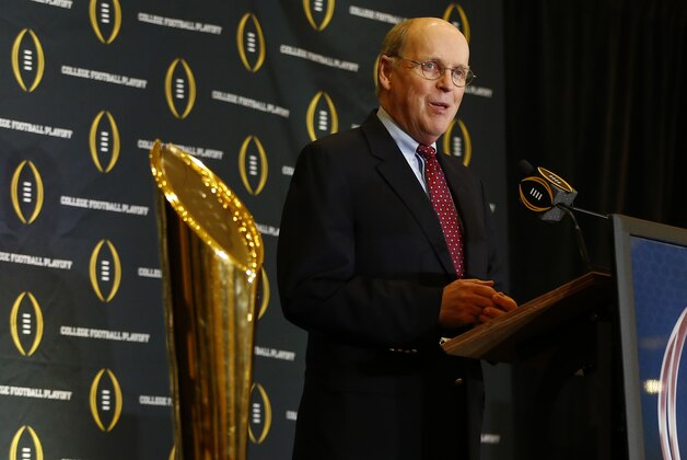 Dec 6, 2015; Grapevine, TX, USA; College football playoff executive director Bill Hancock speaks to the media during selection day at the Gaylord Texan Hotel. Mandatory Credit: Kevin Jairaj-USA TODAY Sports